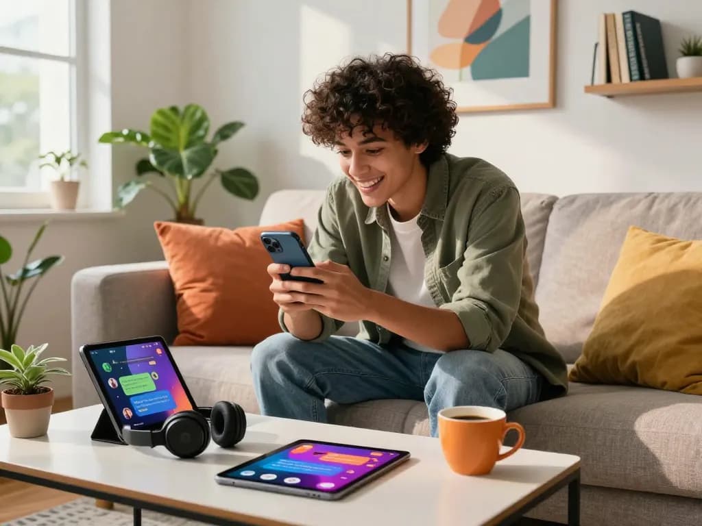 Engaging spicy chat on smartphone, cozy urban scene with stylish decor and tech gadgets