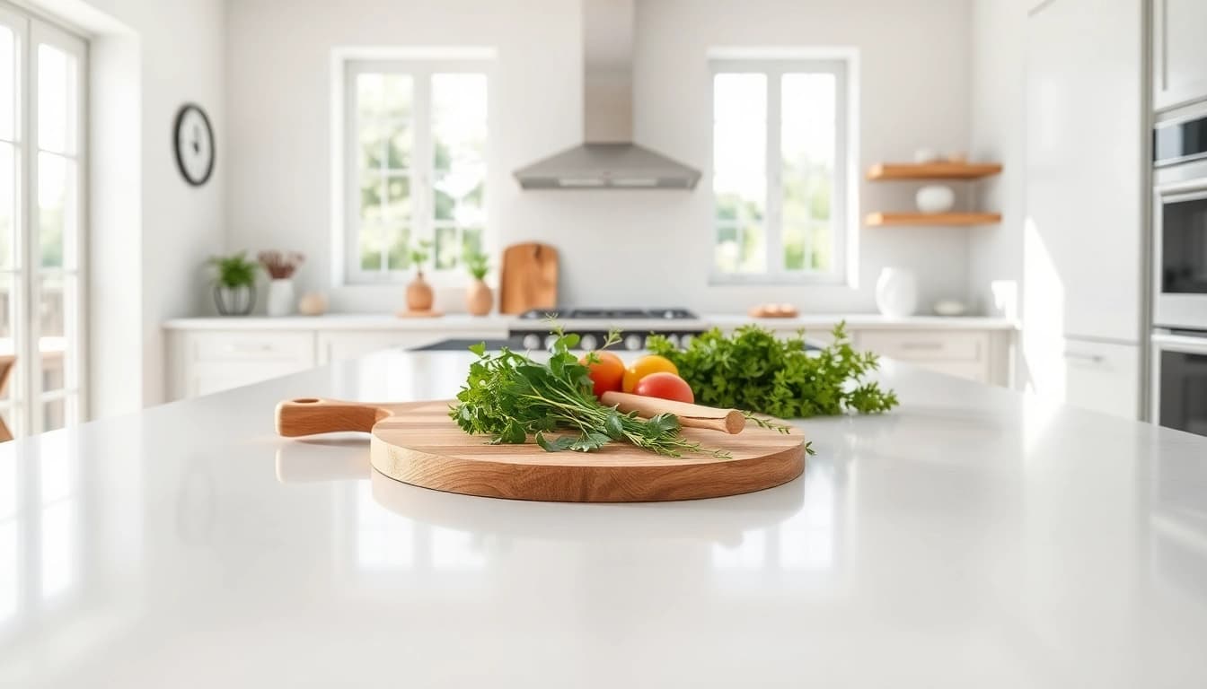 Admire the Porcelain Kitchen Worktops showcased in a modern kitchen setting with fresh ingredients.