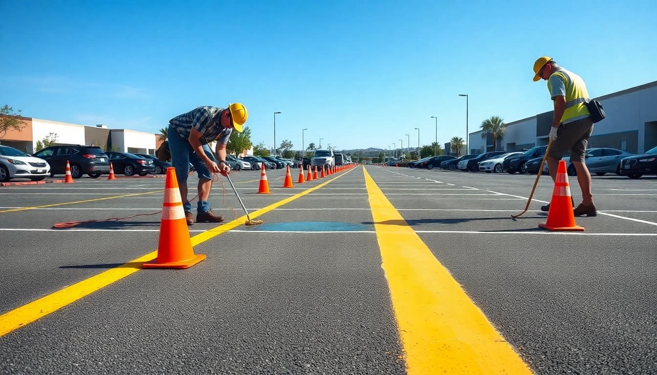 Parking lot marking company Jackson MS professionals diligently stripe a clean parking lot.