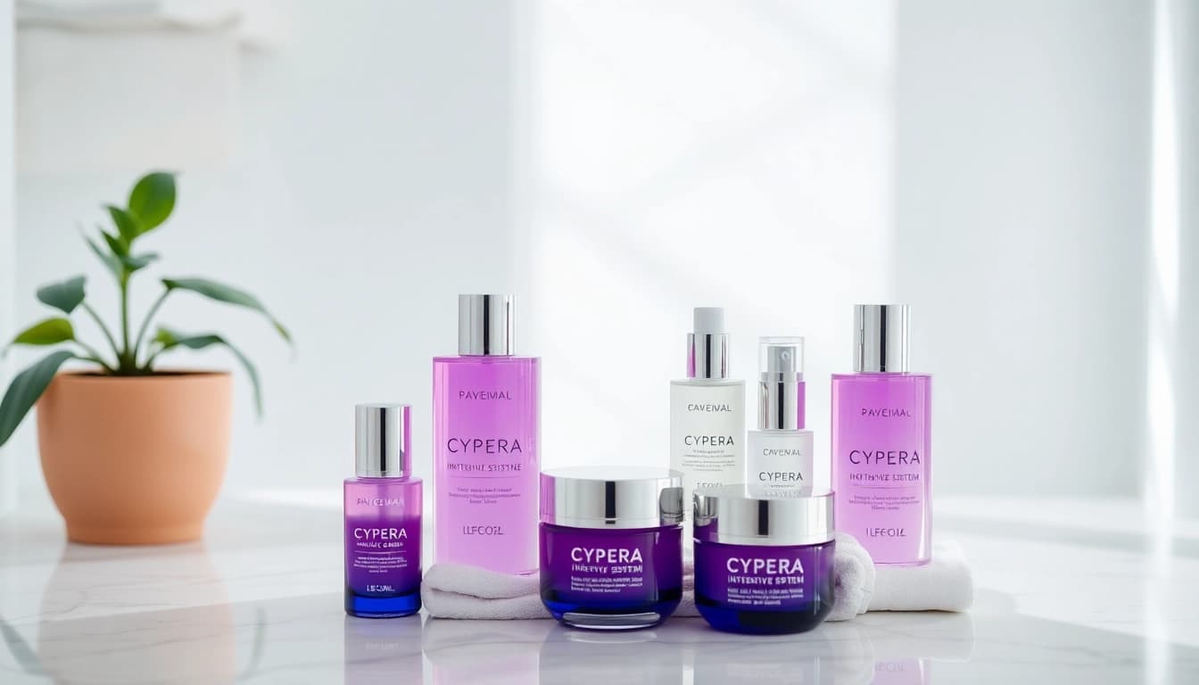 Die Cyspera Intensive System Produkte in einem eleganten Badezimmer zur Hautpflege.