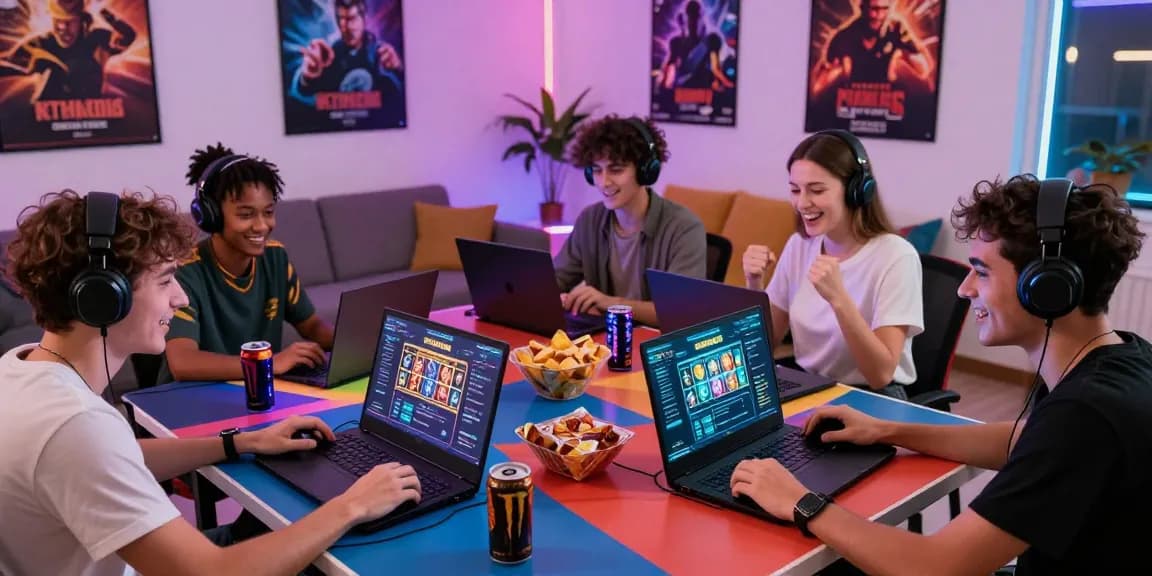 Exciting garuda303 slot gaming scene with friends enjoying online play in a vibrant atmosphere.