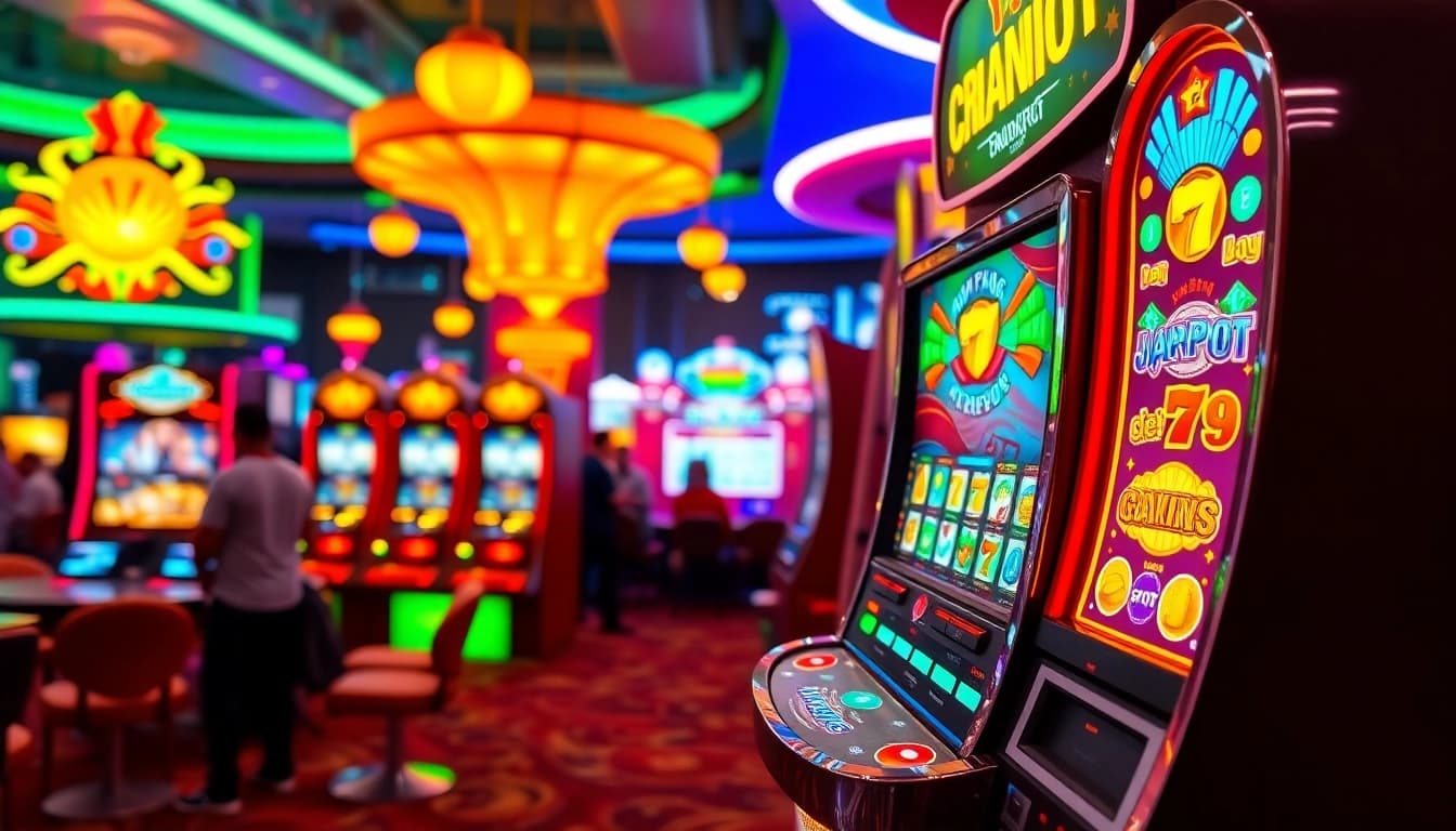 Main bandar slot dengan mesin slot berwarna-warni di kasino yang ramai