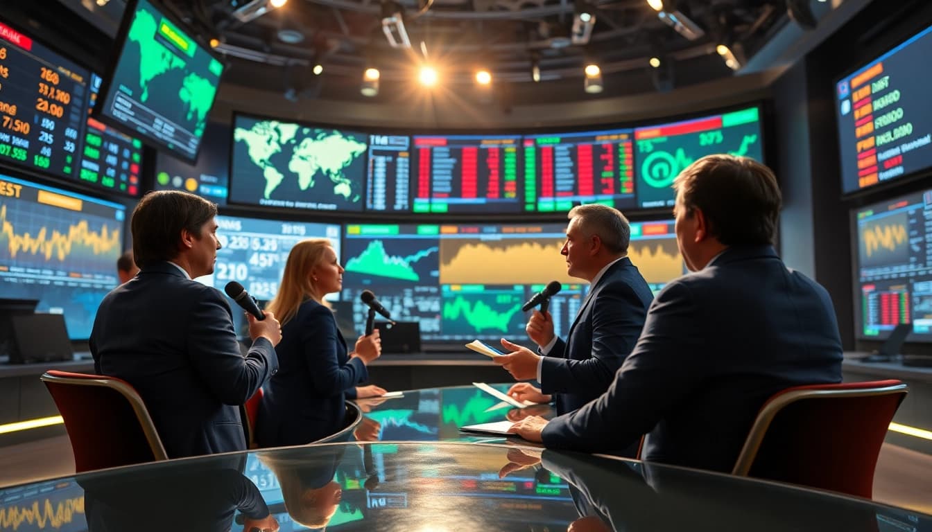 Covering business news in a vibrant newsroom with reporters and digital displays.