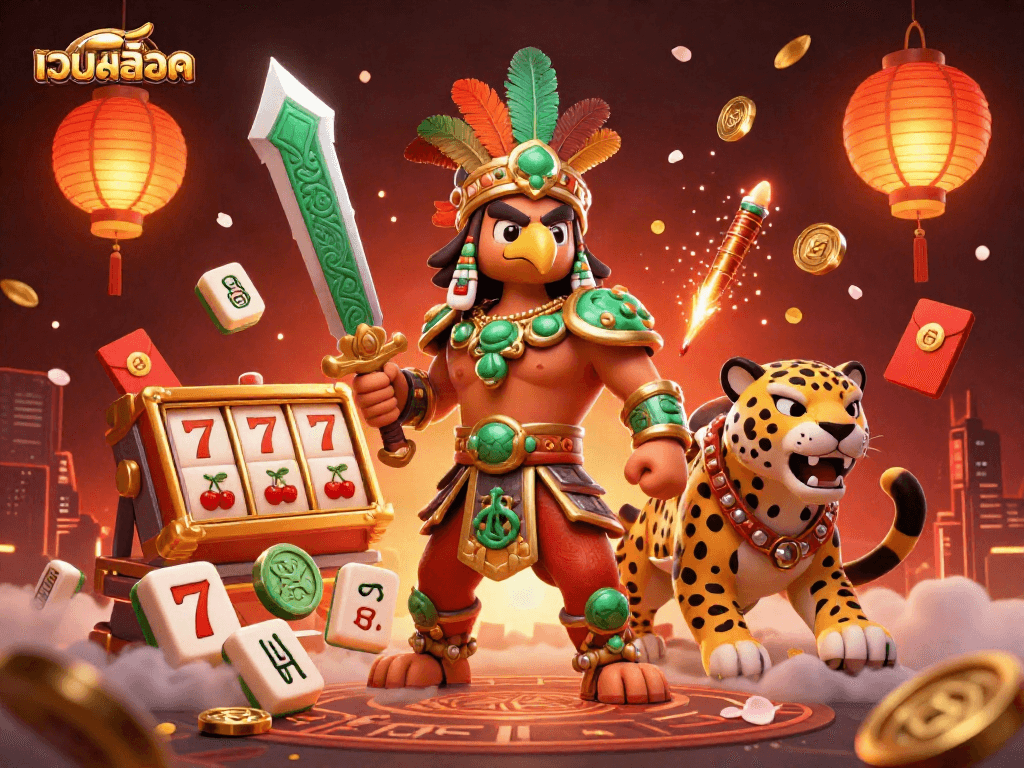 Engage with เว็บสล็อต through a vibrant 3D scene featuring Aztec warriors, slot elements, and glowing lanterns.