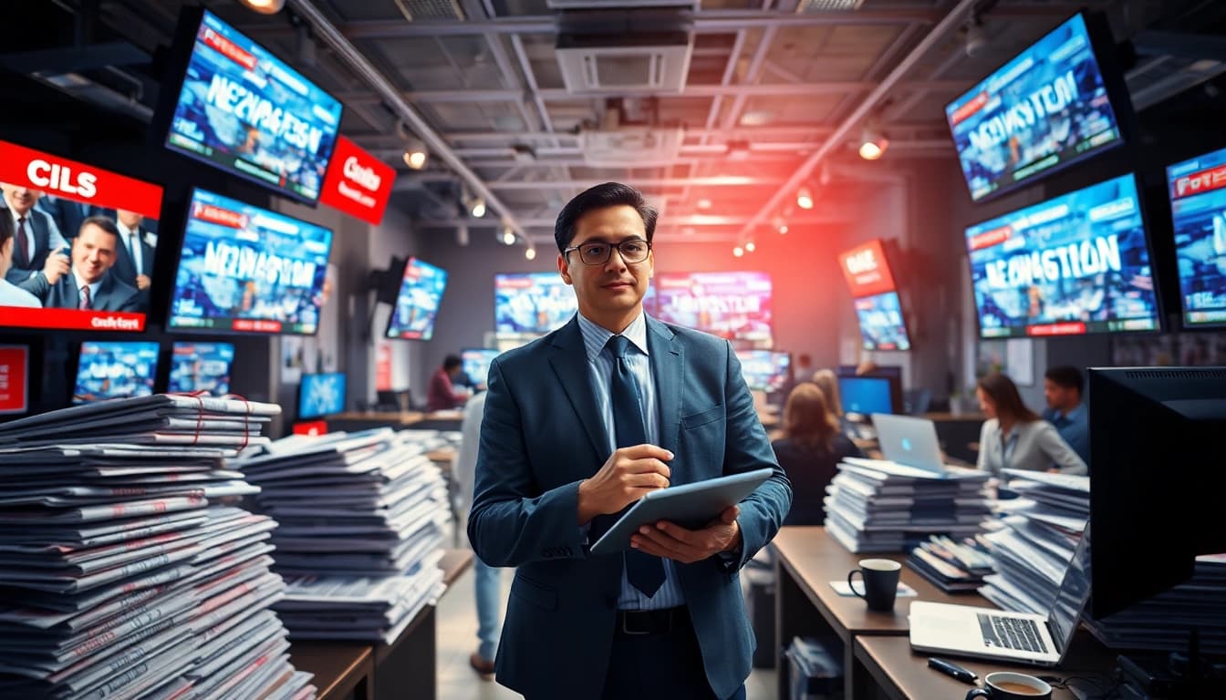 Captivating scene of a news journalist at https://www.thedailynewsonline.com newsroom highlighting urgent news reporting.