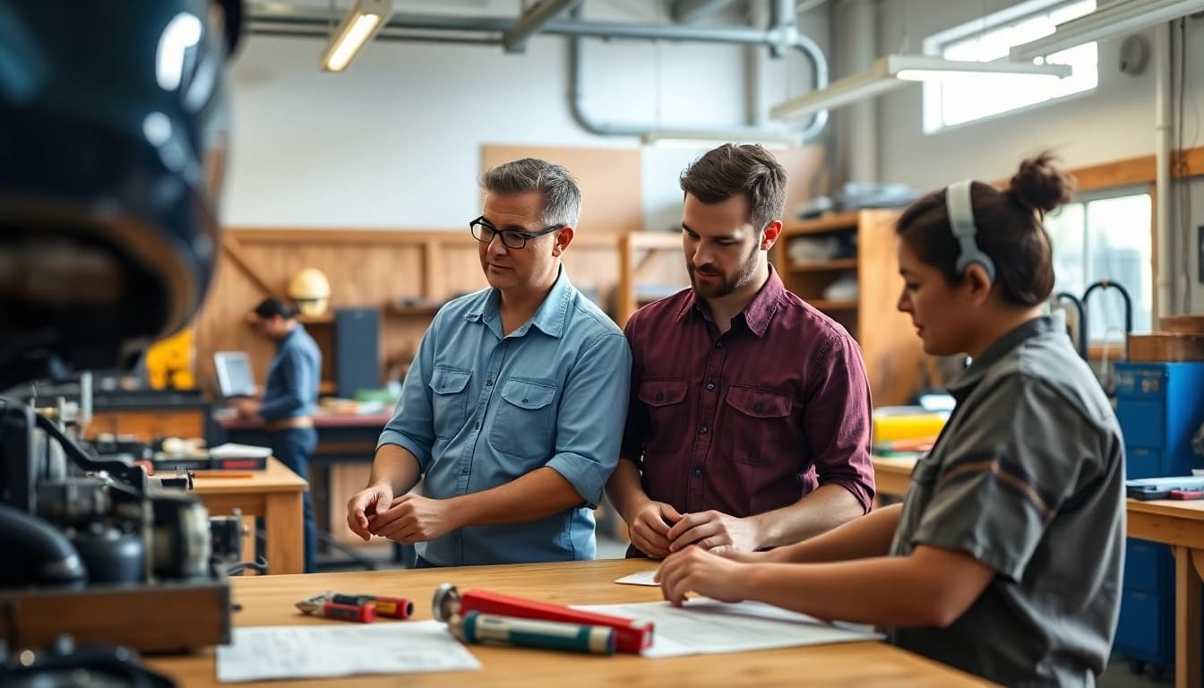 Students actively learning at trade schools in Hawaii with hands-on training in a workshop.