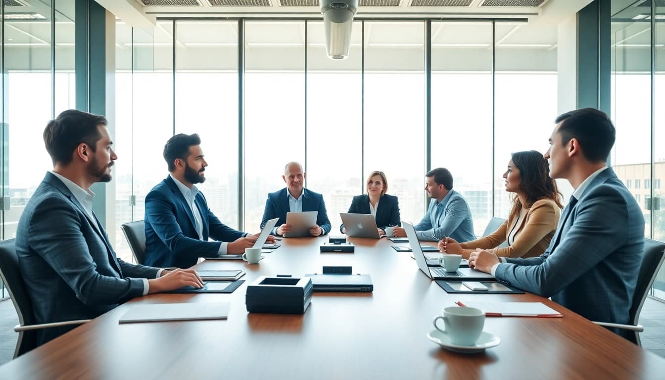 Engaging business meeting in a modern office showcasing professionals collaborating effectively.