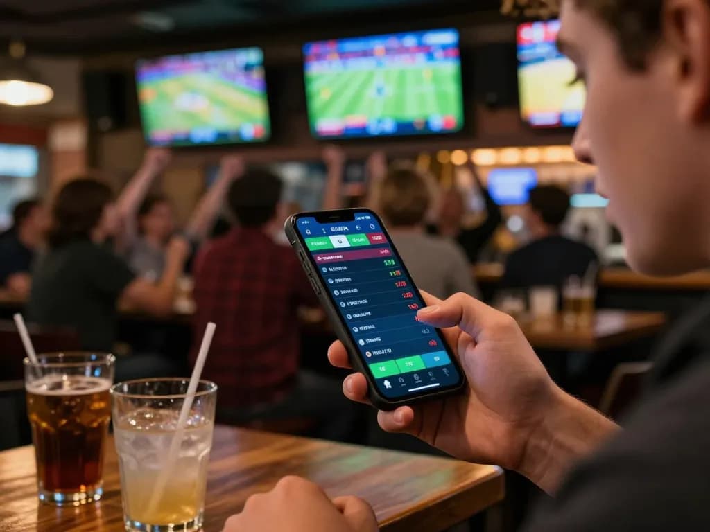 KLIKFIFA user engaging in live sports betting at a lively sports bar, focused on phone betting app.