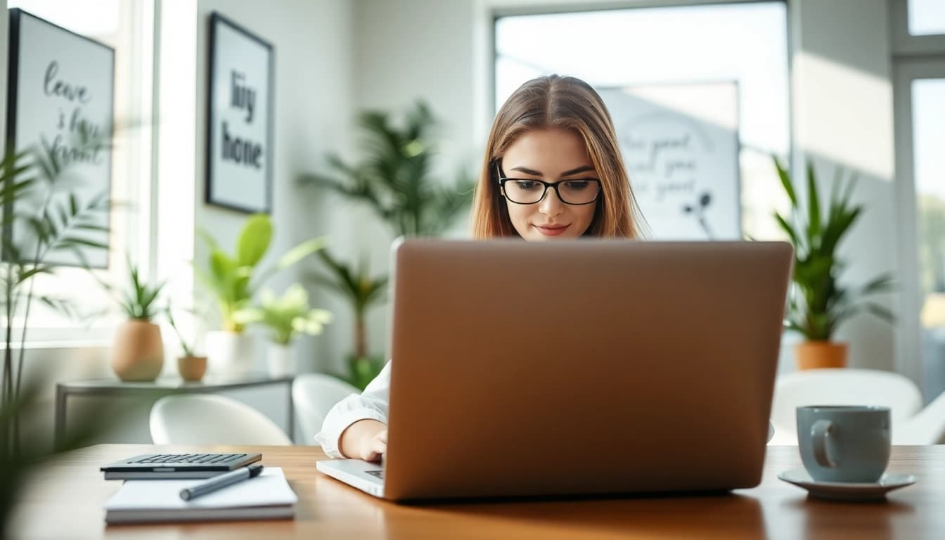 Explore a professional assistant using a chatgpt free alternative on a sleek laptop in a modern workspace.