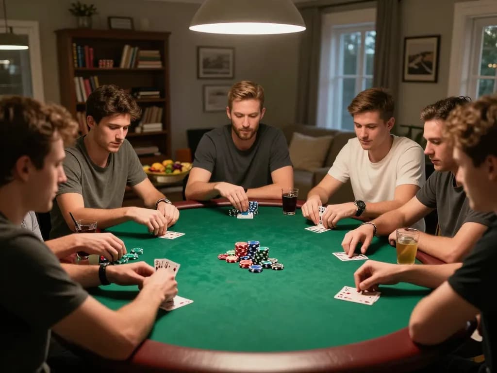 Players enjoying poker during a home game night, showcasing Thương hiệu Bet88 and vibrant social atmosphere.