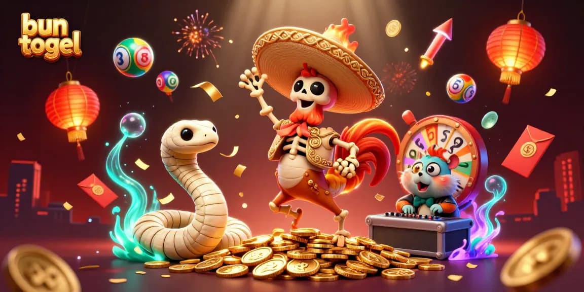 Bun togel lottery celebration featuring a dynamic 3D illustration of a mariachi rooster, a mummy snake, and a DJ hamster.