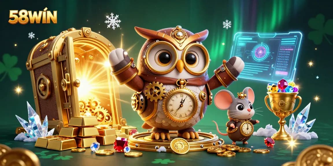 Engage with 58WIN's thrilling casino atmosphere featuring steampunk-inspired owl and joy from winnings.