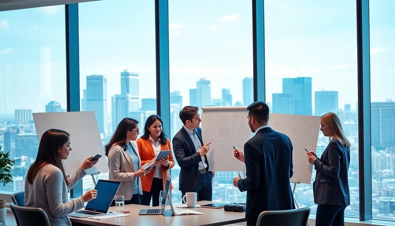 Collaborating professionals discussing business strategies in a modern office setting.