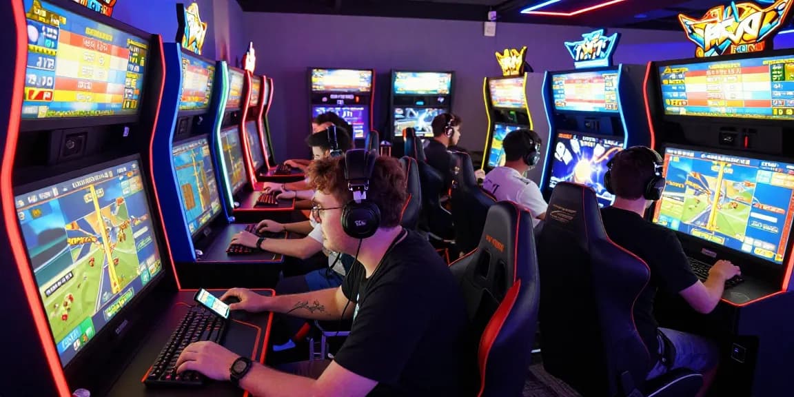 Gamers intensely engaging with the Aviator 1xbet crash game in a vibrant arcade atmosphere.