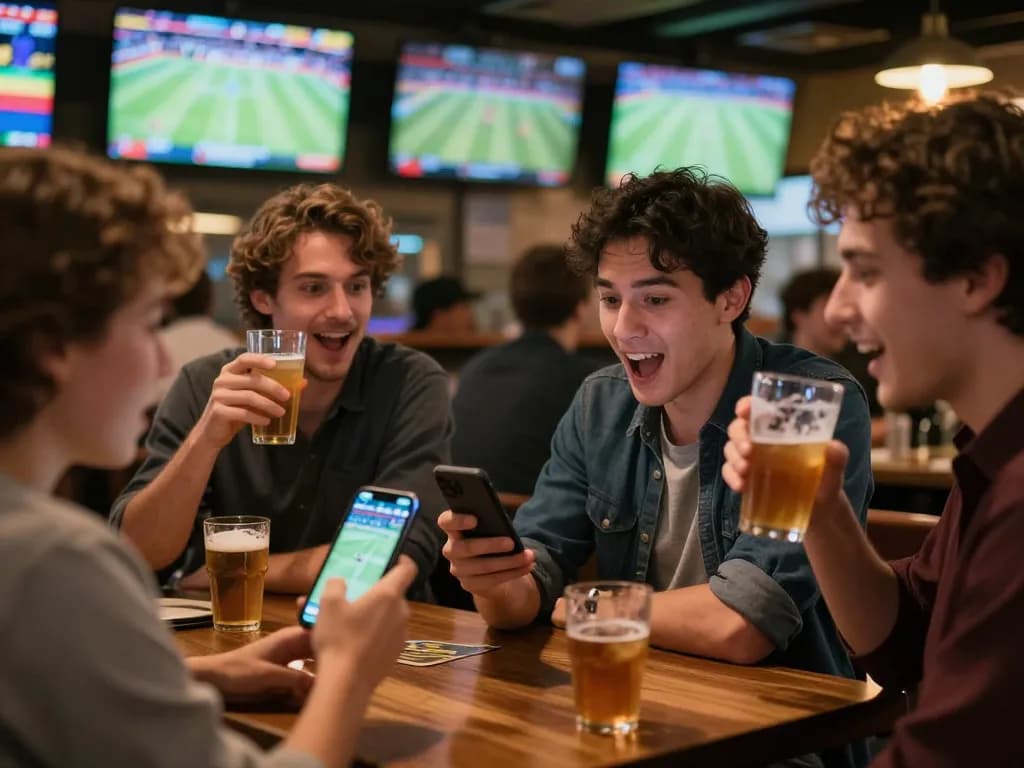 Excited sports betting at a lively bar, showcasing mobile app action at https://www.mnm88.com/.