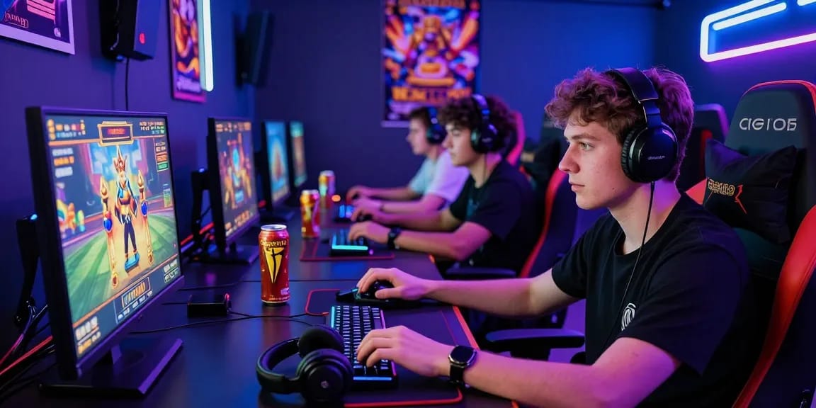 Engaged players enjoying Garuda303 slot games in a vibrant gaming setup.