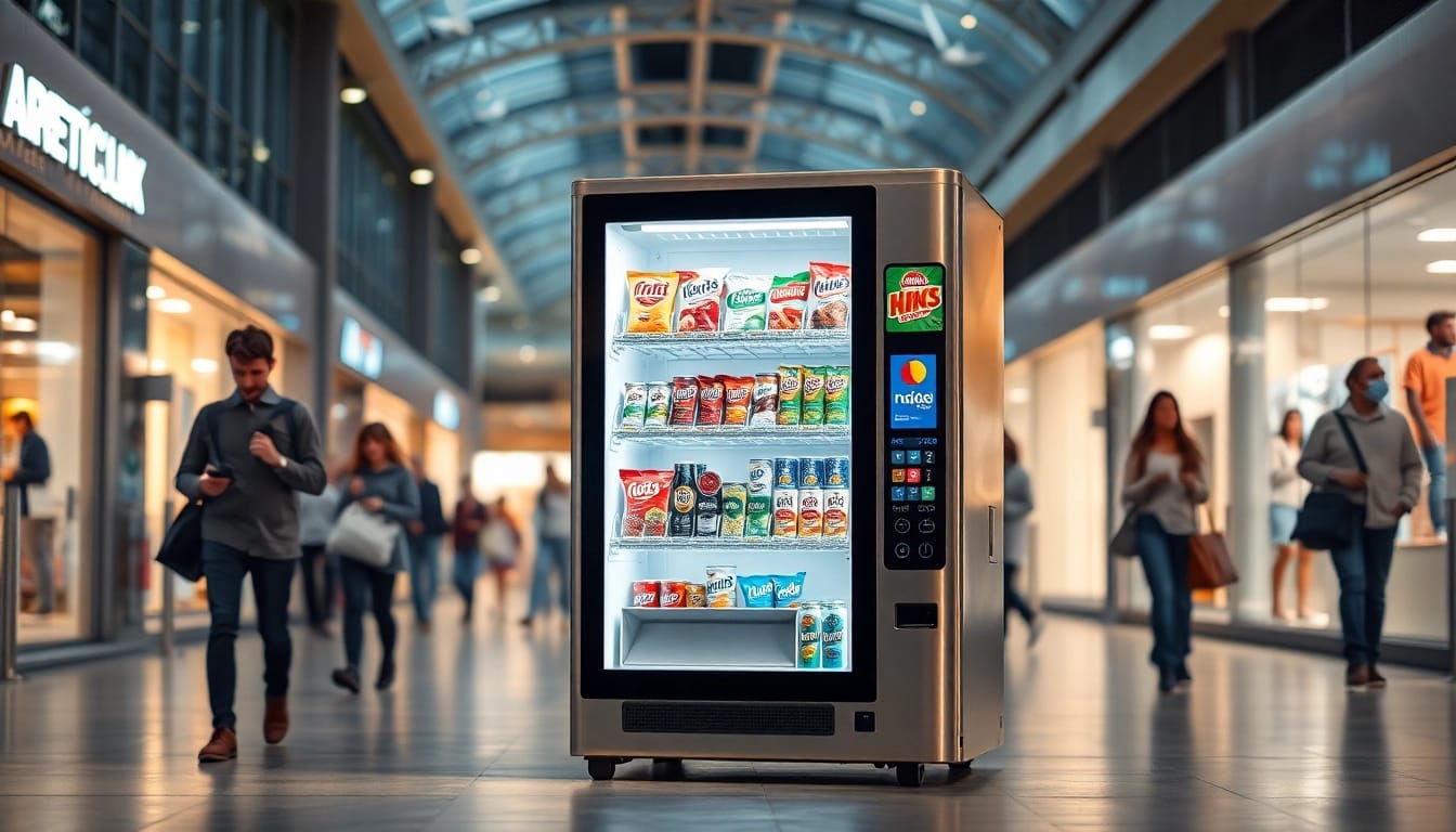 Innovative mini vending machine offering snacks and drinks in a bustling urban setting