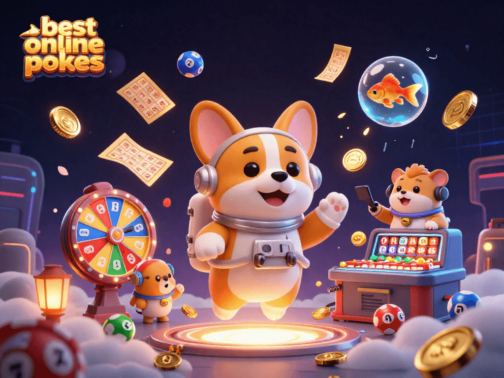 Engaging scene showcasing best online pokies with vibrant casino elements, featuring a corgi astronaut.