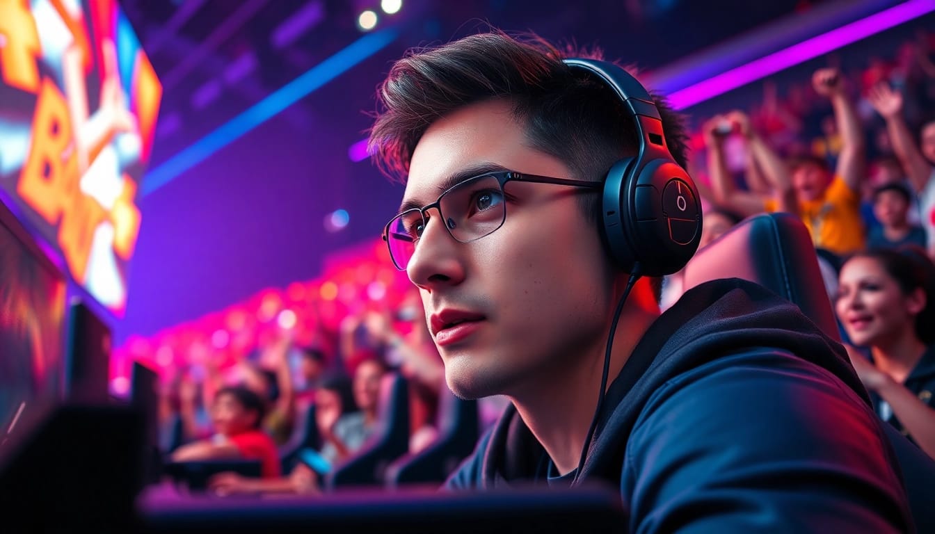 Gamer competing in an esports tournament at https://www.gamelevate.com with an energetic atmosphere.