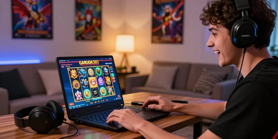 Excited player enjoying the GARUDA303 slot game experience in a cozy gaming room.