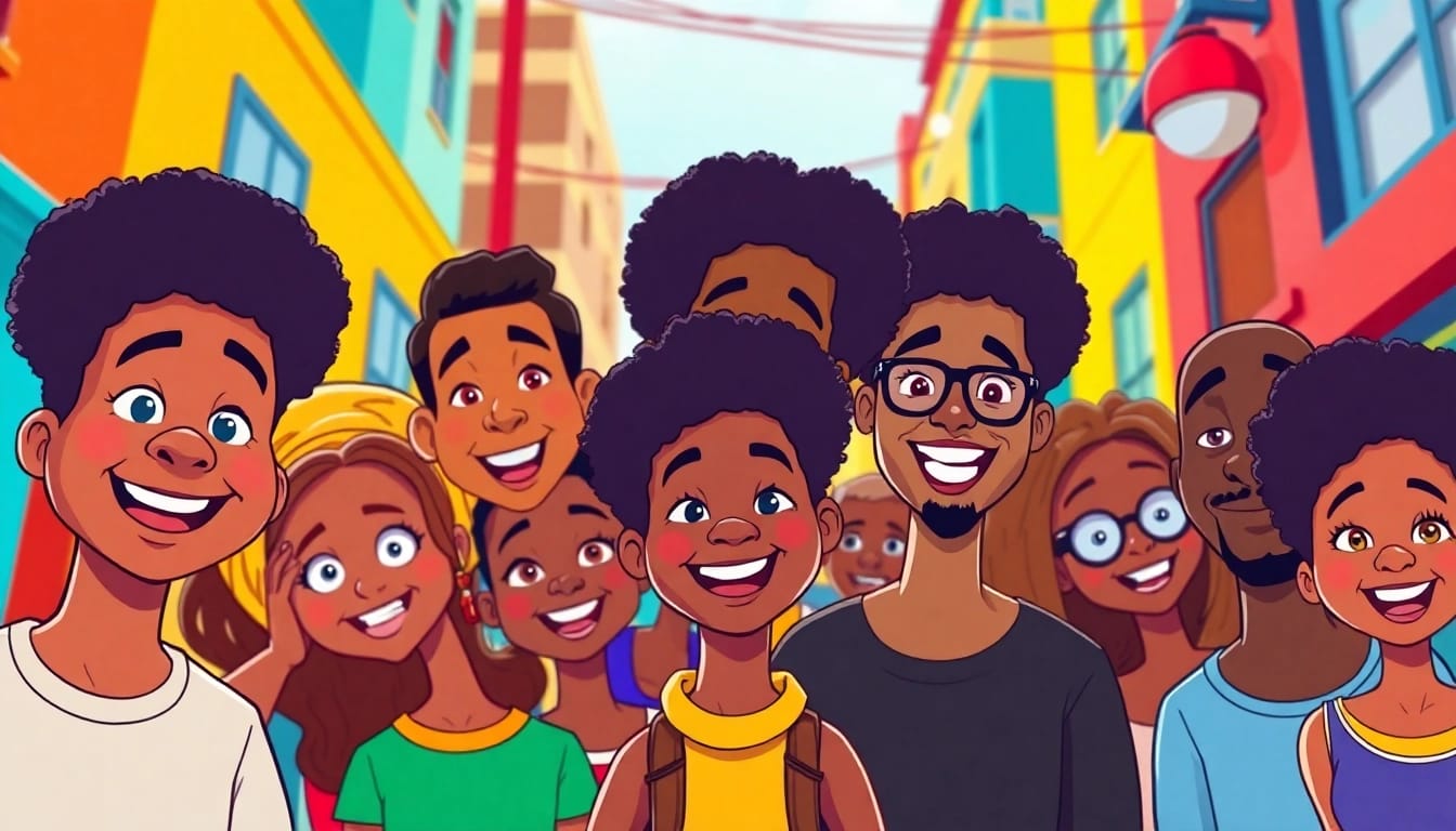 Colorful representation of African American Cartoons featuring diverse animated characters celebrating joy and creativity.