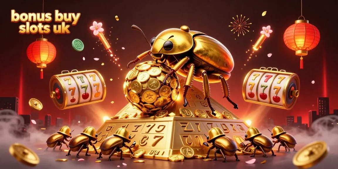 Engage with thrilling bonus buy slots UK, featuring golden beetles rolling coins and epic slot reels amidst festive elements.