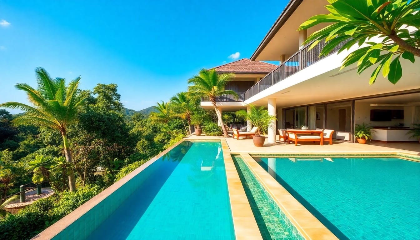 Villa management Phuket: overseeing a beautiful tropical villa with a pool and lush gardens in the sunlight.