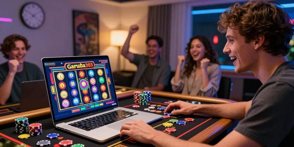 A thrilling garuda303 slot gaming scene with vibrant graphics and enthusiastic players enjoying online casino excitement.
