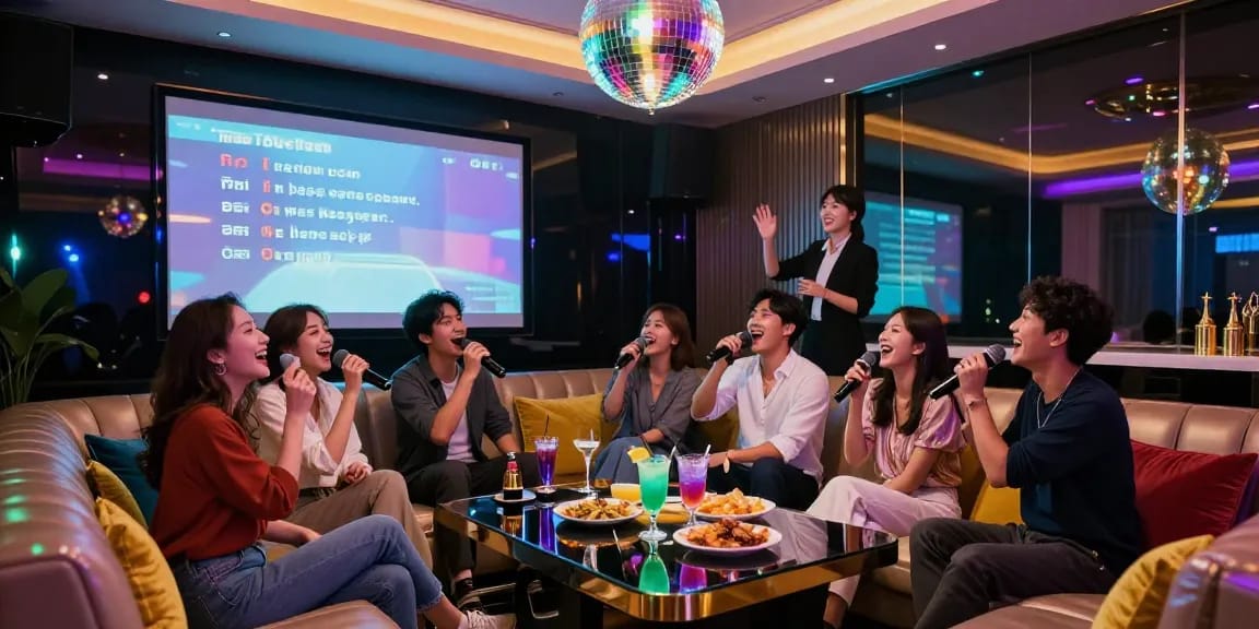 강남 가라오케에서 노래하며 즐거운 시간을 보내는 친구들, 화려한 조명과 음료가 있는 모습.