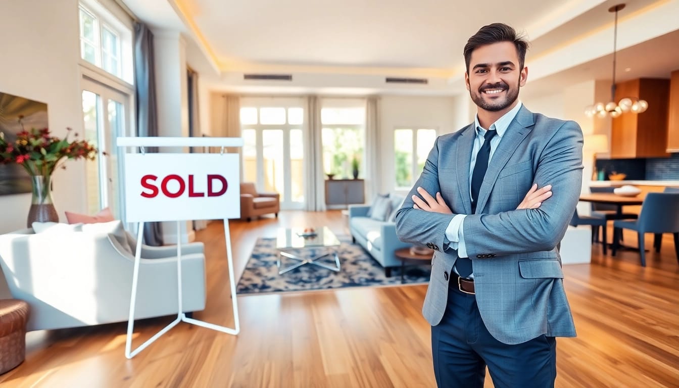 Real Estate agent presenting a stylish home interior with warm lighting and inviting ambiance.