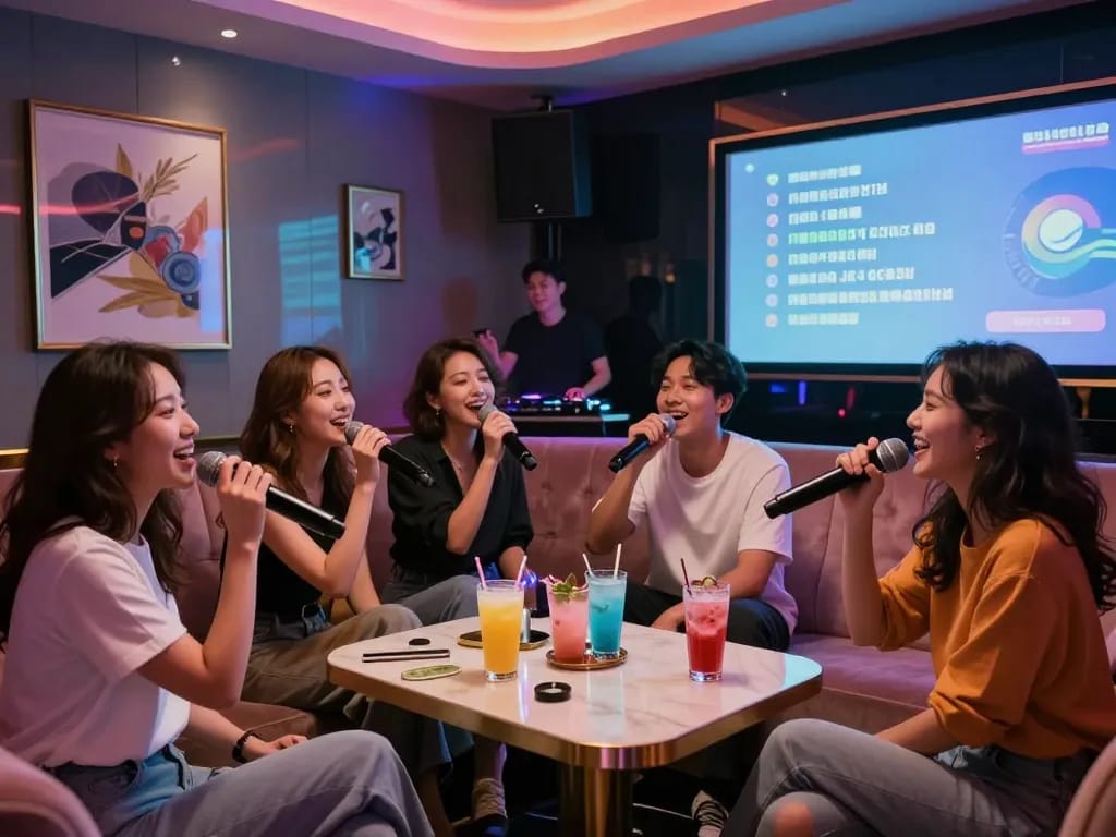 친구들과 함께 고급스러운 분위기에서 활기찬 노래를 즐기는 www.gangnamtune.com/runrabbit의 역동적인 노래방 밤.