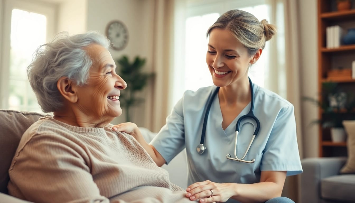 Engaged caregiver providing in home senior care to an elderly client in a cozy living room.