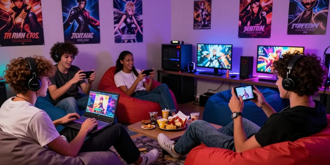 Friends enjoying popular hentai games in a cozy gaming room.