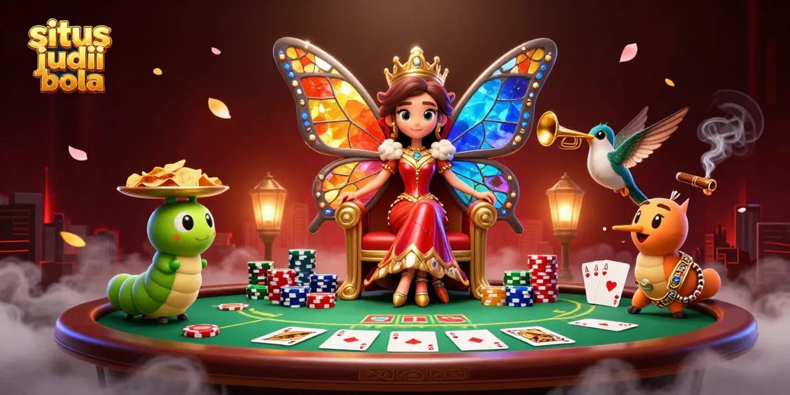 Situs judi bola features dynamic 3D characters, poker elements, and vibrant casino ambiance for online bettors.