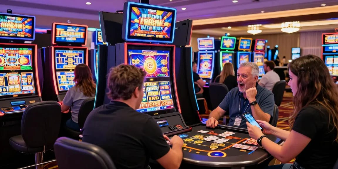 Engaging slot gaming atmosphere with players celebrating wins and examining game stats in a vibrant casino.