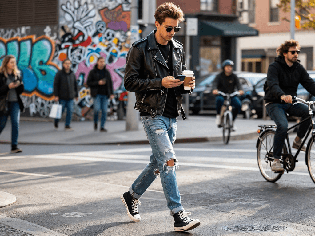 Stylish individual in a leather jacket walking through a vibrant urban street.