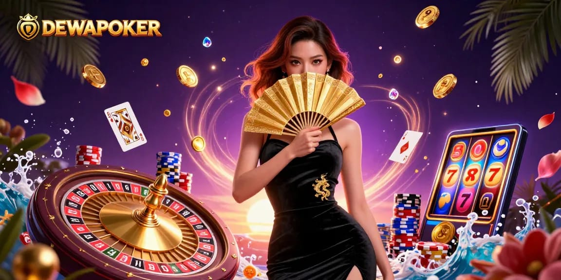 DewaPoker showcases a stunning Asian woman amidst swirling casino elements, promoting vibrant gameplay.