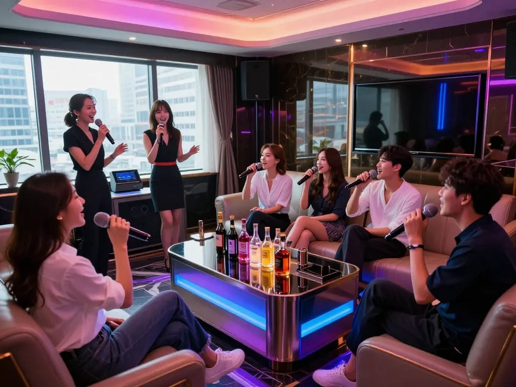 Enjoying a vibrant karaoke night at https://www.gangnamtune.com with friends in a luxurious private room that showcases dynamic lighting and premium drinks.