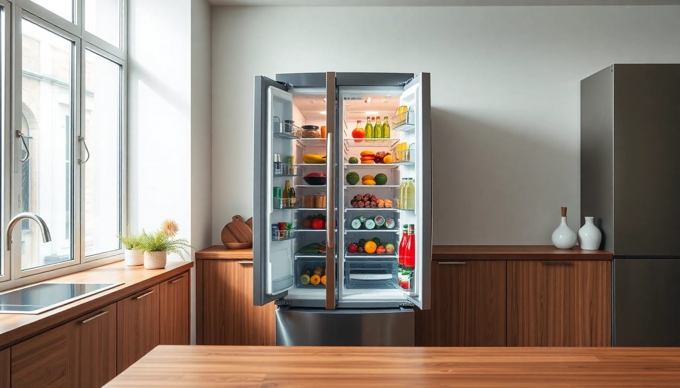 Refrigerator with organized interior and fresh produce displayed in a modern kitchen setting.