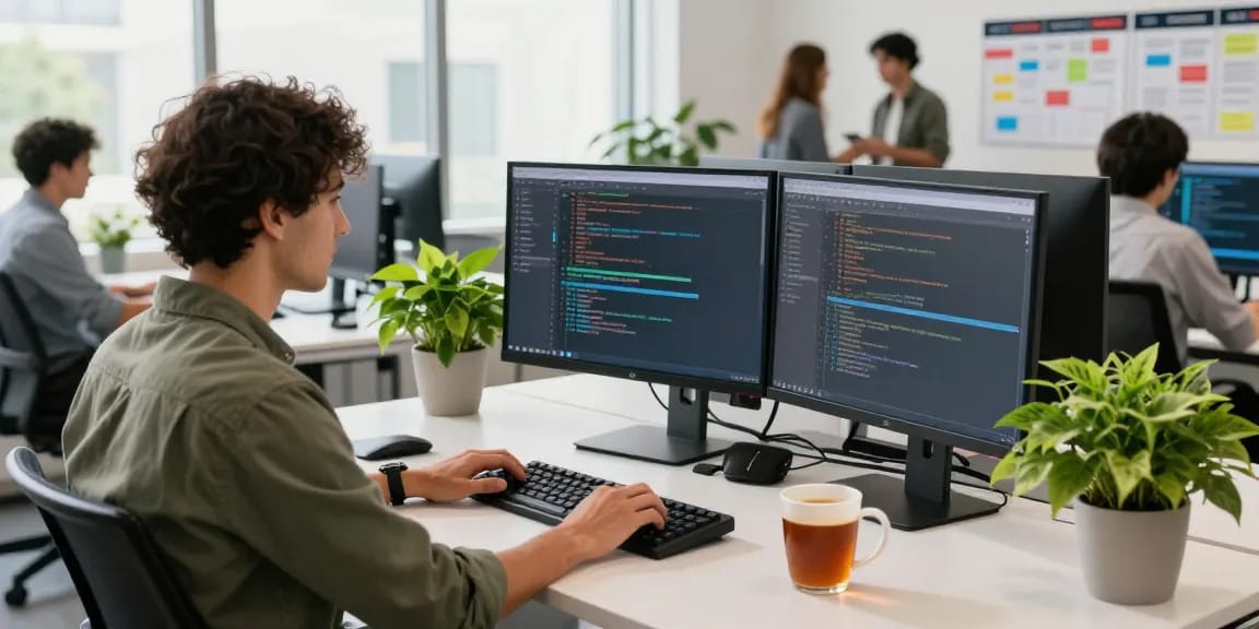 Engaging software development workspace showcasing 纸飞机下载 app coding with modern tech elements and vibrant atmosphere.