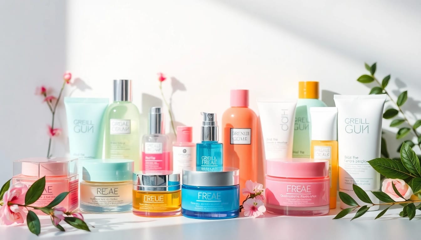 K Beauty Sverige hudvårdsprodukter vackert arrangerade, med livfulla förpackningar och naturliga element.
