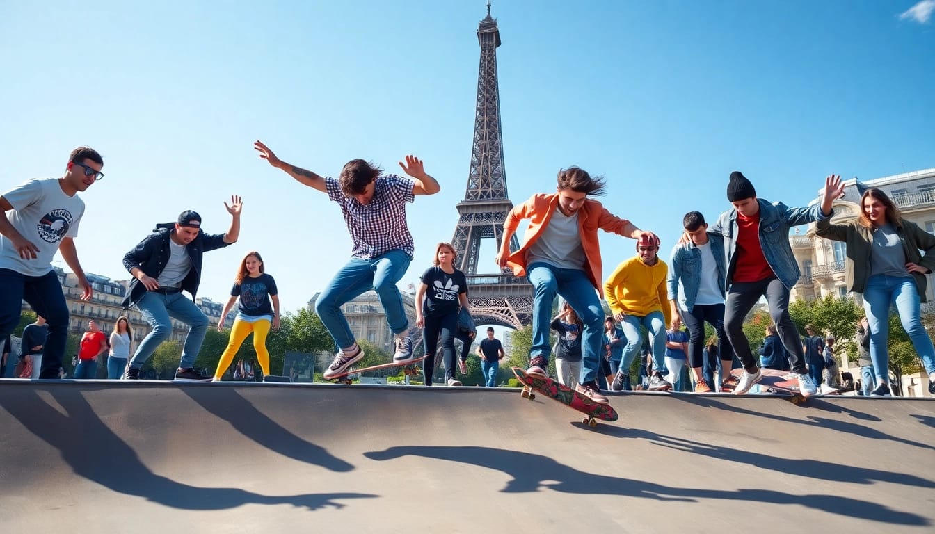Skateboarding enthusiasts at Ecole skate paris showcase tricks in an urban setting with vibrant energy.