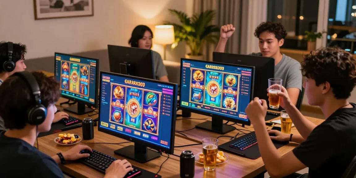 Exciting atmosphere of players enjoying garuda303 slot games in a cozy setting with vibrant graphics and community celebration.