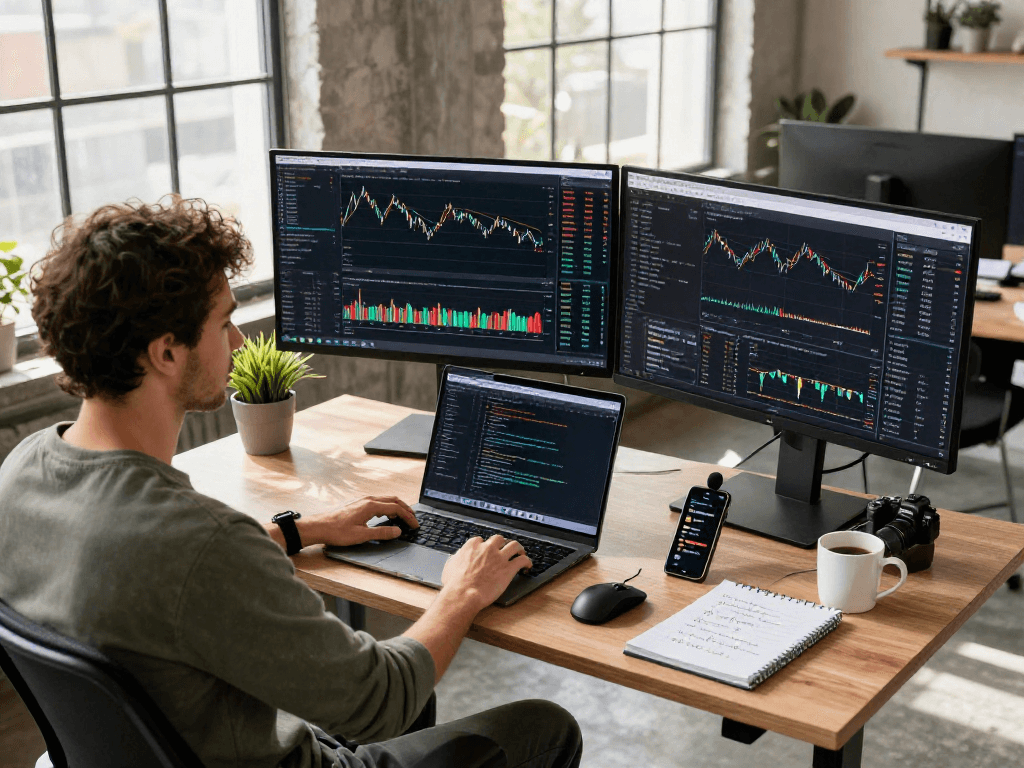 Developer utilizing HK quant trading stock API in a modern workspace with multiple monitors and stock data.