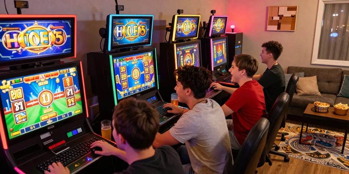 Exciting garuda303 slot gaming scene with friends enjoying online slot machines in a cozy living room.