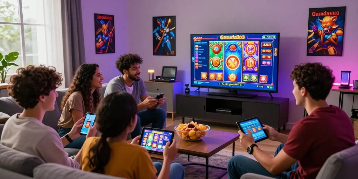 Exciting Garuda303 slot gaming scene with players enjoying interactive slot game experience in a vibrant living room setting.