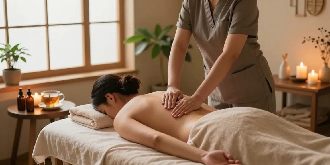 마사지 중인 고객과 아로마 오일과 촛불이 있는 편안한 분위기의 스파 장면