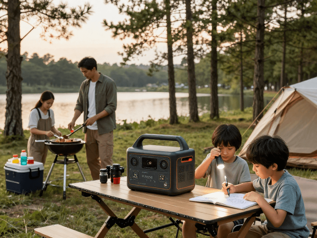 LiFePO4 portable power station manufacturer showcased in a family camping setup, highlighting convenience and adventure.