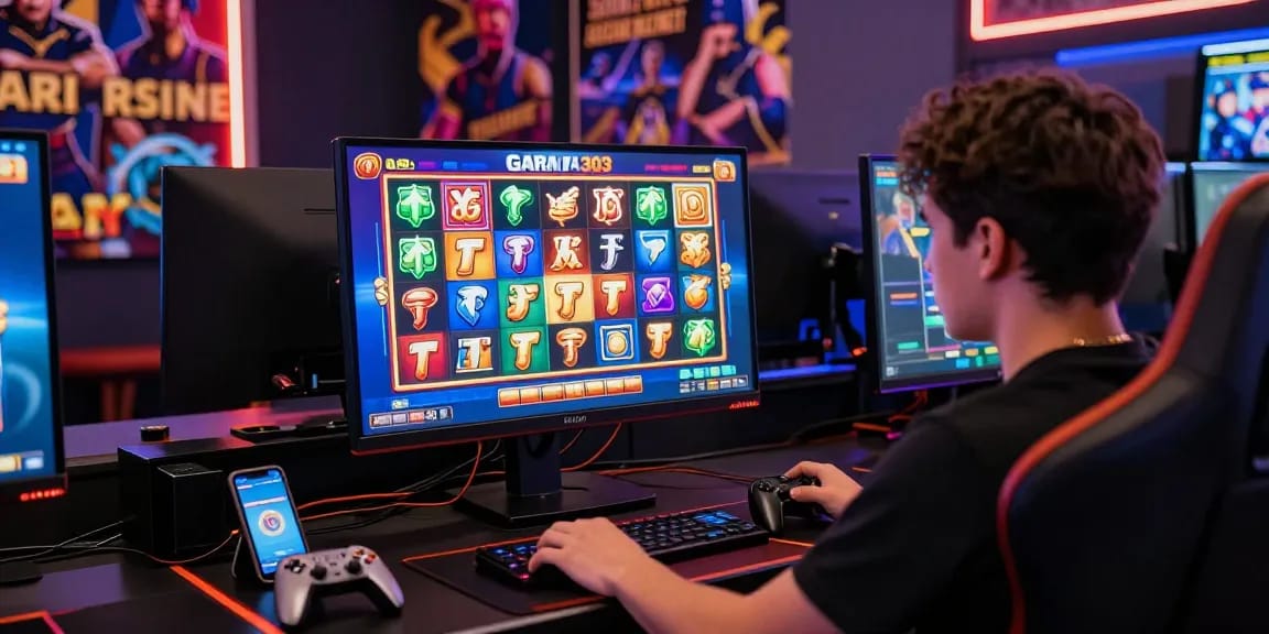 Engaging player enjoying garuda303 slot online at a modern gaming setup with vibrant graphics and accessories.