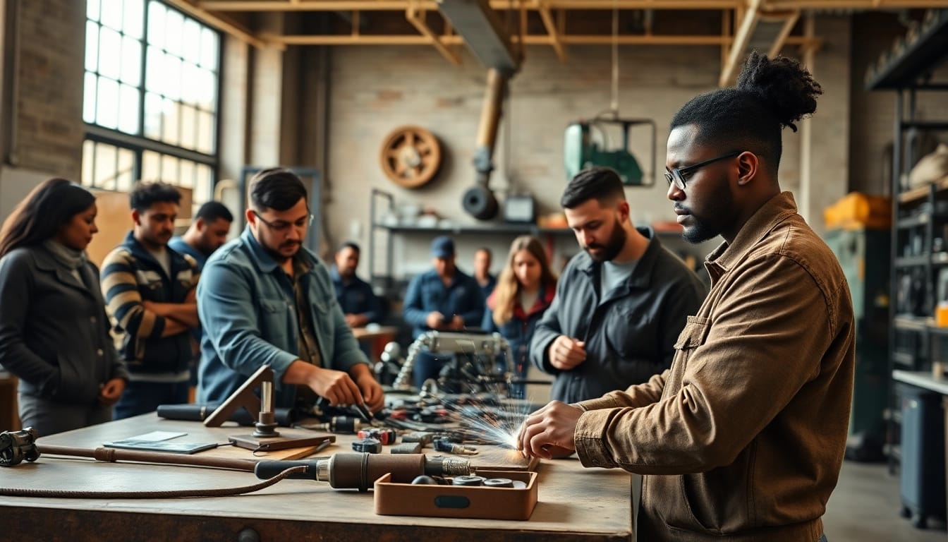 Engaged students learning at trade schools in southern California with hands-on training in a bright classroom.